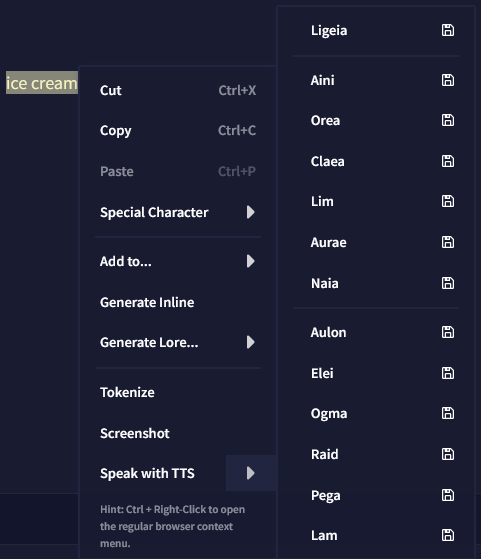 TTS right-click menu